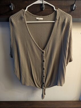 Maurices Olive Green Waffle-Knit Button-Front Tie Hem Top